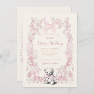 Invitation Toile rose floral Teddy Ours Baby shower de transp