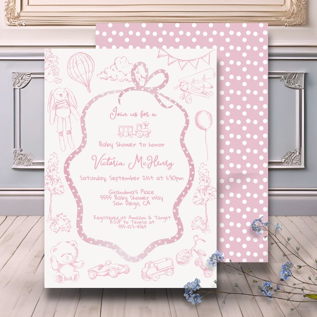 Invitation Toile rose moderne de Jouy Baby shower fille (Créateur téléchargé)