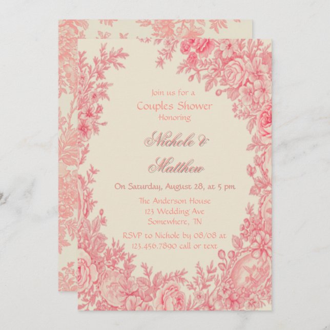 Invitation Toile rose vintage Couples Couples Douche (Devant / Derrière)