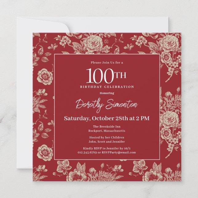 Invitation Toile rouge foncé Floral 100e fête d'anniversaire  (Devant)