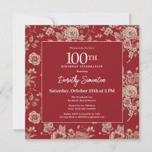 Invitation Toile rouge foncé Floral 100e fête d'anniversaire