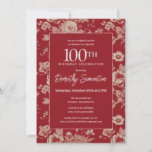 Invitation Toile rouge foncé Floral 100e fête d'anniversaire 