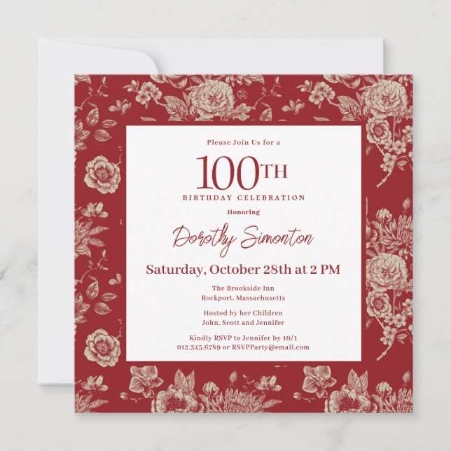 Invitation Toile rouge foncé Floral 100e fête d'anniversaire  (Devant)