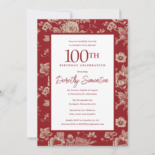 Invitation Toile rouge foncé Floral 100e fête d'anniversaire  (Devant)