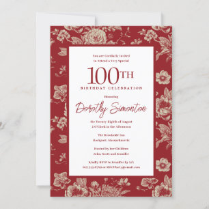 Invitation Toile rouge foncé Floral 100e fête d'anniversaire 