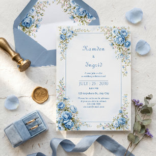 Invitation Toile Texturée Rose Bleu Or Bordure Ornée