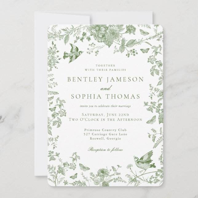 Invitation Toile Verte De Jouy Vintage Mariage Floral Françai (Devant)
