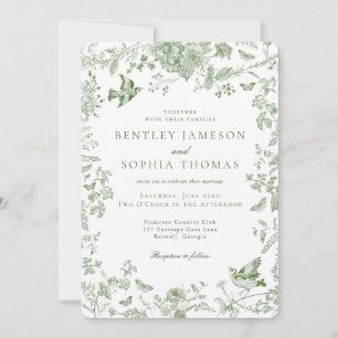Invitation Toile Verte De Jouy Vintage Mariage Floral Françai