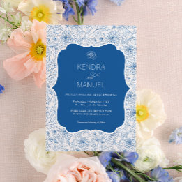 Invitation Toile vintage Florale Mariage bleu français