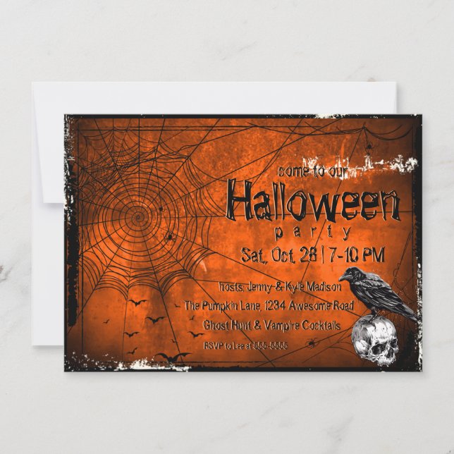 Invitation Toiles d'araignées Halloween Grunge, Corbeau & Crâ (Devant)