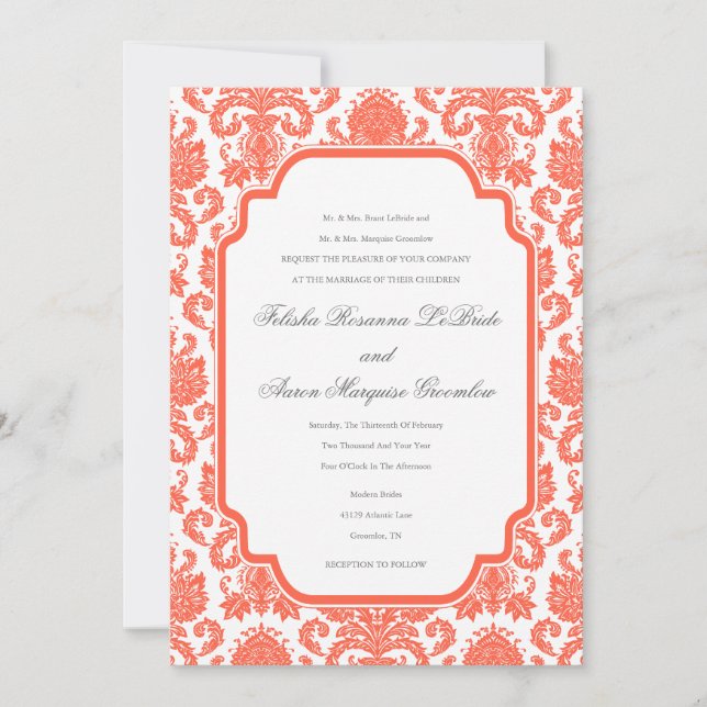 Invitation Tomato Mariage rouge concepteur Damask Modèle (Devant)