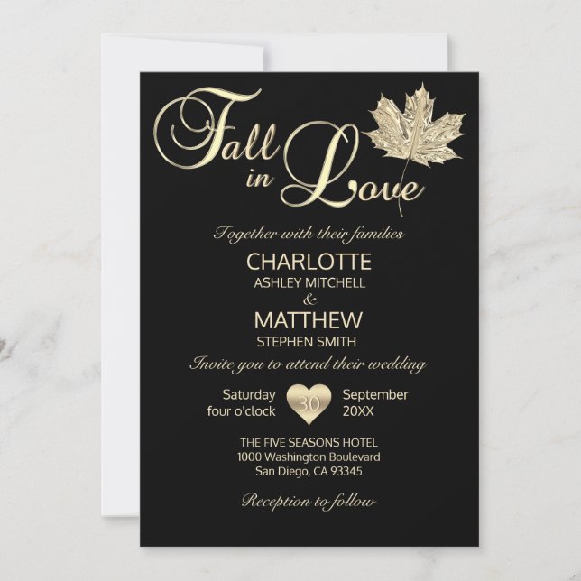 Invitation TOMBE CLASSIQUE EN AMOUR Mariage Maple Leaf en or  (Devant)