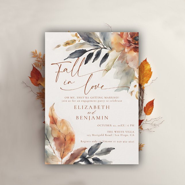 Invitation Tombe dans l'amour Terracotta Feuilles (fall engagement party invitation rustic leaves foliage floral botanical frame elegant backyard barn)