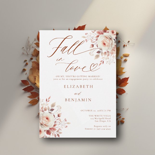 Invitation Tombe dans l'amour Terracotta Roses (fall engagement party invitation rustic rose foliage floral botanical frame elegant modern backyard )