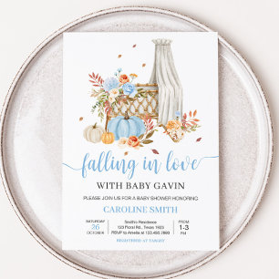 Invitation Tombe en amour Automne Bleu Baby shower Citrouille