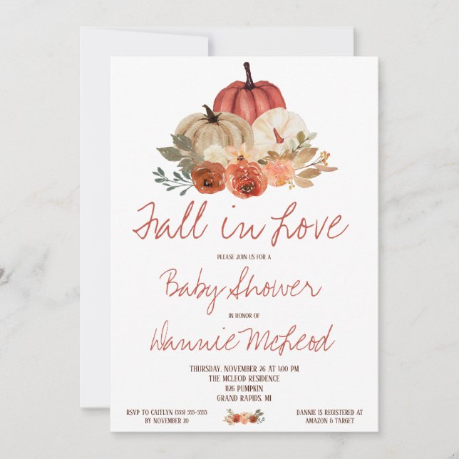 Invitation Tombe en amour, Automne Citrouille Baby shower flo (Devant)
