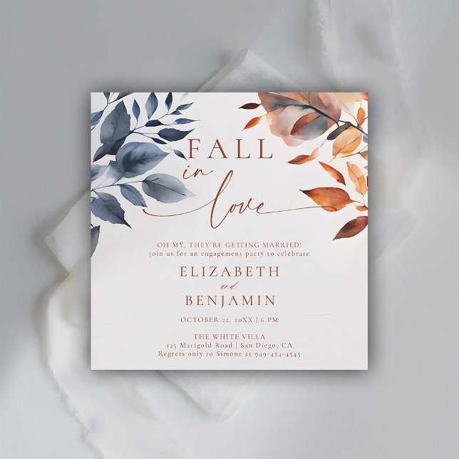 Invitation Tombe en amour Botanique Duo Feuille (fall engagement party invitation botanical leaf calligraphy terracotta elegant modern backyard barn)
