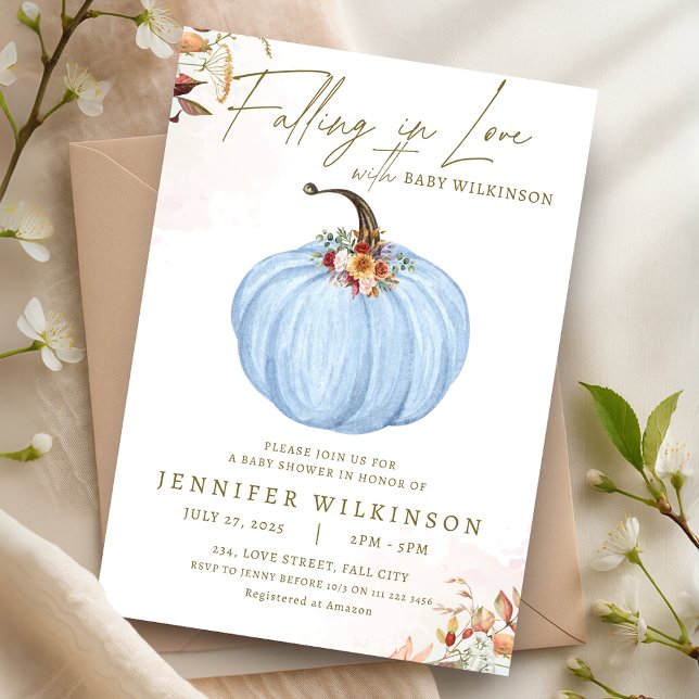 Invitation Tombe en amour Citrouille bleu Baby shower garçon (Fall in Love Blue Pumpkin Boy Baby Shower Invitation)