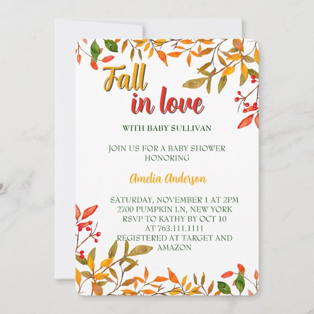 Invitation Tomber Amoureux Avec Bébé Automne Feuilles Baby sh (Devant)