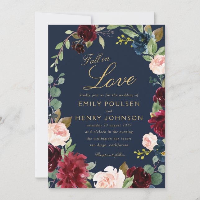 Invitation tomber amoureux burgundy mariage floral marine (Devant)