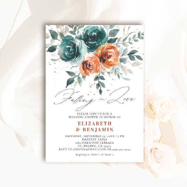 Invitation Tomber amoureux Mariage fantaisiste Fête de mariag (falling in love wedding shower invitation teal burnt orange terracotta watercolor floral boho)