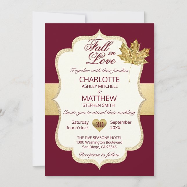 Invitation TOMBER DANS L'AMOUR Automne Bourgogne Mariage feui (Devant)