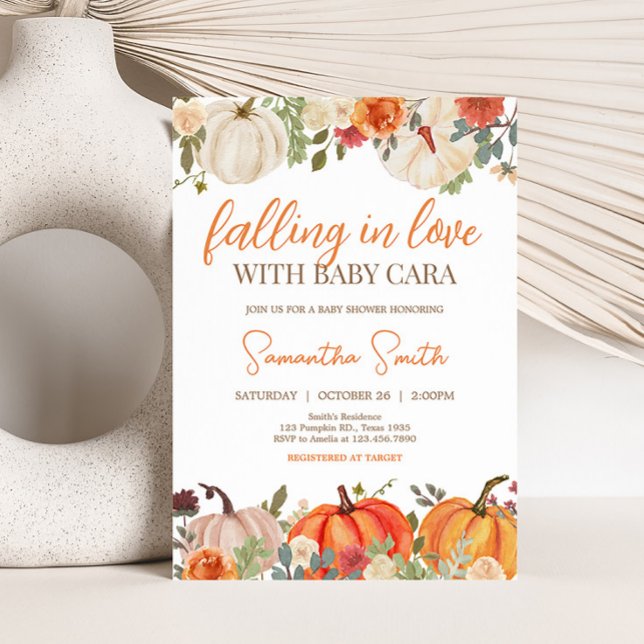 Invitation Tomber dans l'amour Baby shower Citrouille Floral (Fall Floral Pumpkin Baby Shower Invitation)