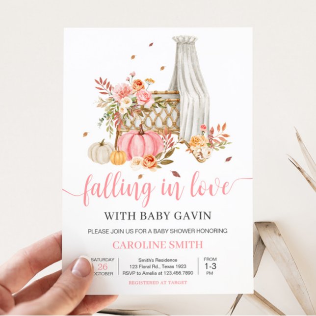 Invitation Tomber dans l'amour Baby shower Citrouille rose (Fall Autumn Pumpkin Baby Shower Invitation)