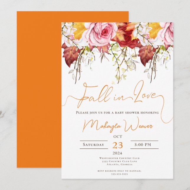 Invitation Tomber dans l'amour Editable Baby shower d'automne (Devant / Derrière)