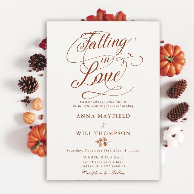 Invitation Tomber dans l'amour Feuille Romantique Mariage de  (falling in love wedding invitation autumn leaves terracotta romantic calligraphy elegant boho rustic)