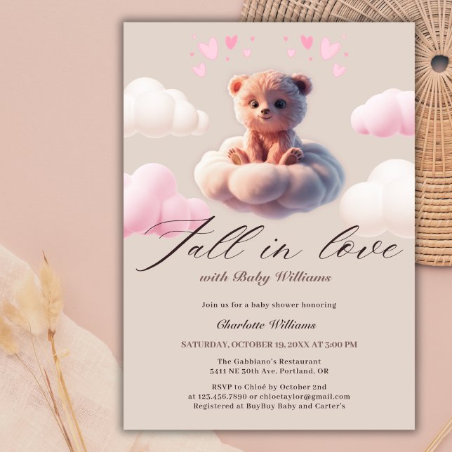 Invitation Tomber Dans L'Amour Mignonne Ours Sur Un Baby show (Fall In Love Cute Bear On A Cloud Baby Shower Invitation)