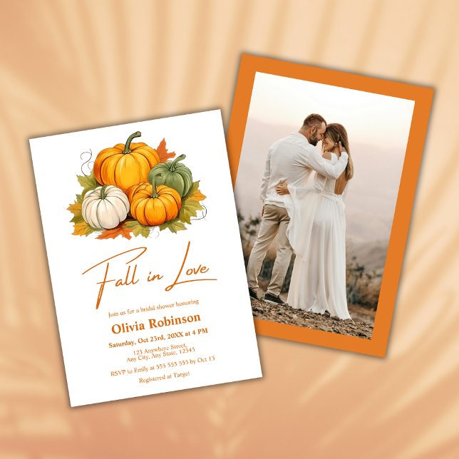 Invitation Tomber dans l'amour Rustique Citrouille Fête des m (Fall in Love Autumn Rustic Pumpkin Photo Bridal Shower Invitation  )