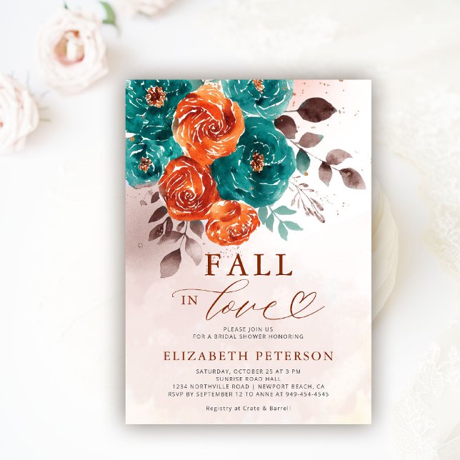 Invitation Tomber dans l'amour Terracotta Turquoise Fête des  (fall in love wedding bridal shower invitation teal burnt orange terracotta watercolor calligraphy)
