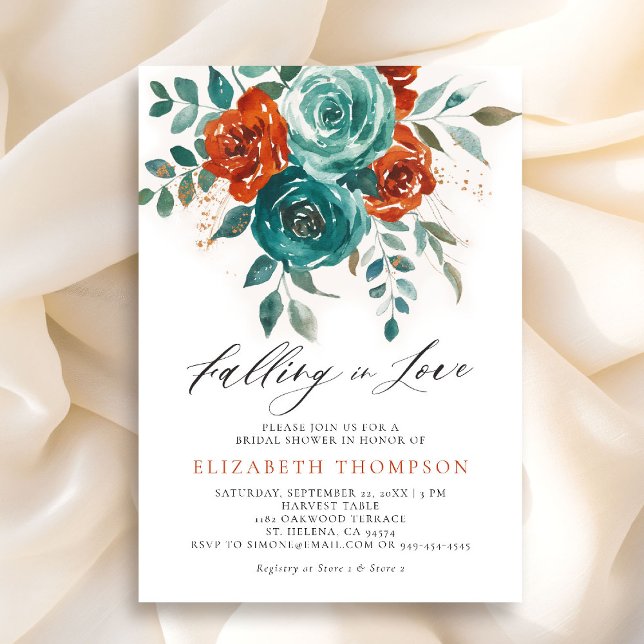 Invitation Tomber dans l'amour Turquoise Burnt Orange Fête de (falling in love bridal shower invitation teal burnt orange terracotta watercolor floral botanical)