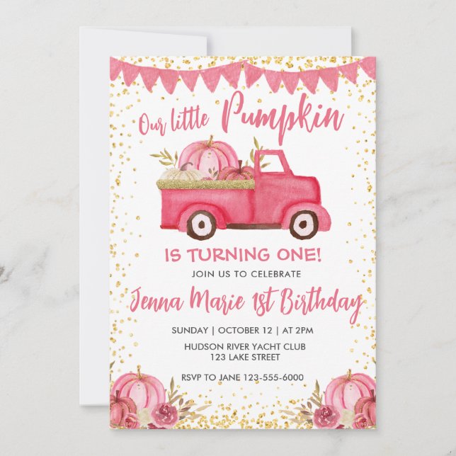 Invitation TOMBER PINK TRUCK CITROUILLE 1ER ANNIVERSAIRE Invi (Devant)