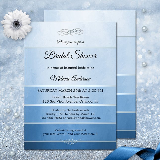 Invitation Tonalité Bleu Argent sur Fête des mariées Tone (Bridal shower invitation featuring a blue striped tone on ton painted design with a silver lining)