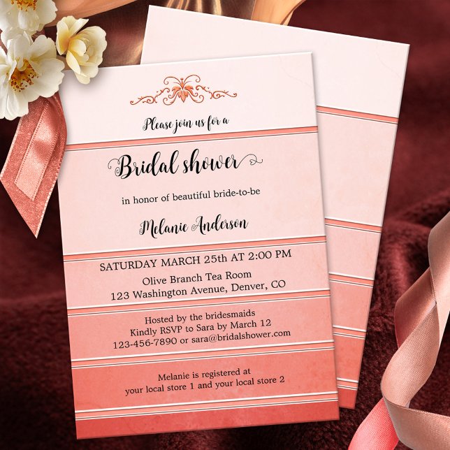 Invitation Tonalité rose corail chic sur Fête des mariées ton (Elegant bridal shower invitation featuring a coral pink striped tone on tone painted design)