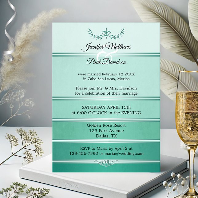 Invitation Tonalité verte argentée sur ton Mariage post-rayé (After wedding or elopement invitation featuring a tone on tone green with silver stripe)