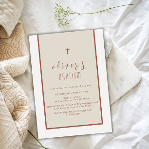 Invitation Tone Terre Croix moderne Christening Garçon Baptêm