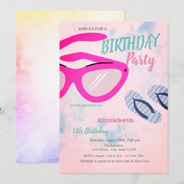Invitation Tongs Lunettes de soleil Fête d'anniversaire d'été (Devant / Derrière)