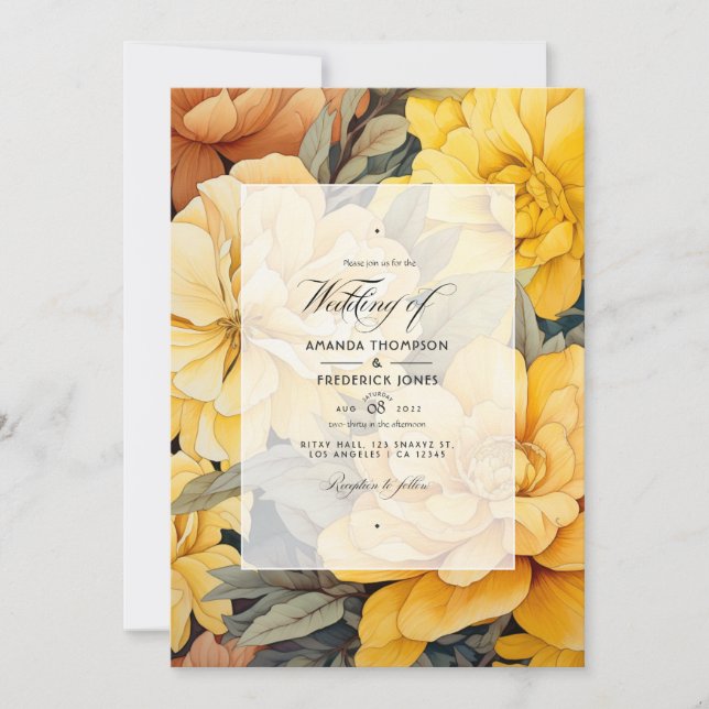 Invitation Tons de la Terre et Mariage Floral Jaune Canari (Devant)