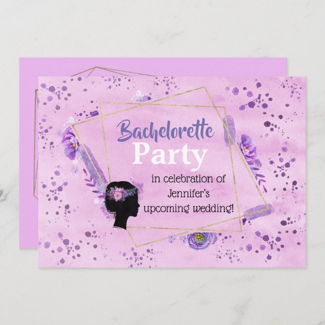 Invitation Tons Lilac Silhouette Tête Du Parti Bachelorette (Devant / Derrière)