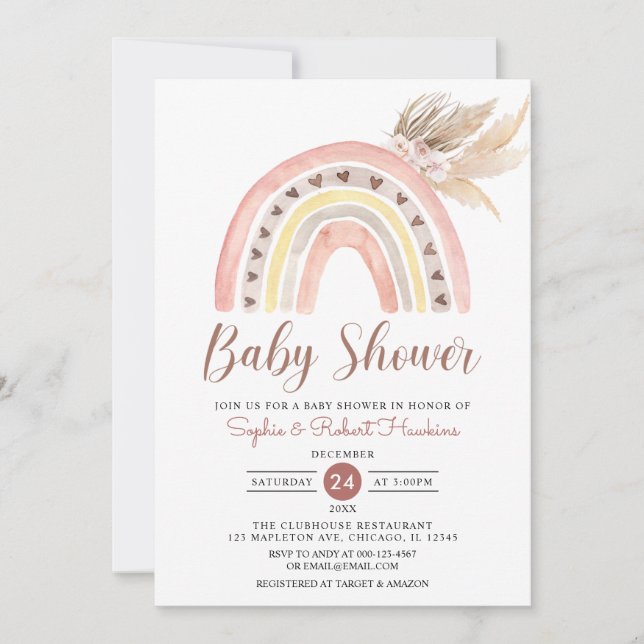 Invitation Tons Muets Boho arc-en-ciel Pampas Baby shower en  (Devant)
