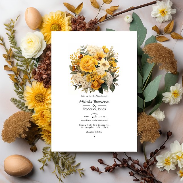 Invitation Tons Terre et Mariage Floral Jaune Canari (Créateur téléchargé)