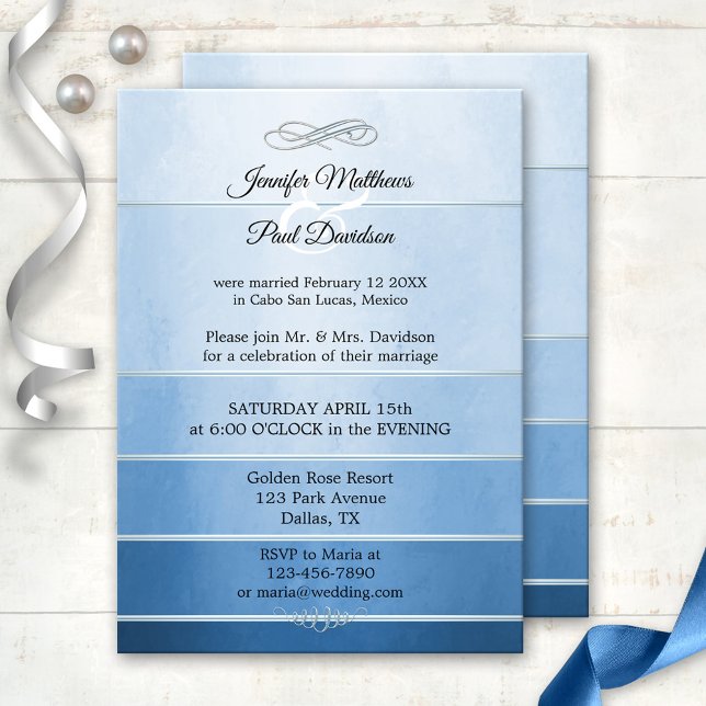 Invitation Tonton bleu argenté sur ton Mariage de poste rayé (After wedding invitation featuring a ton sur ton blue striped painted design with a silver lining)