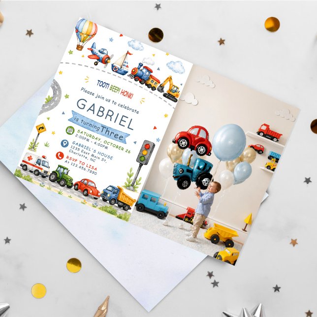 Invitation Toot, Beep, Honk ! Anniversaire aquarelle (Créateur téléchargé)