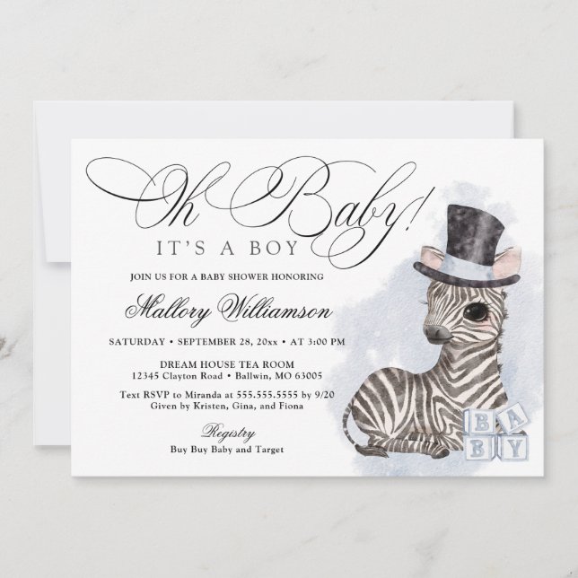 Invitation Top Hat Zebra Boy Baby shower (Devant)