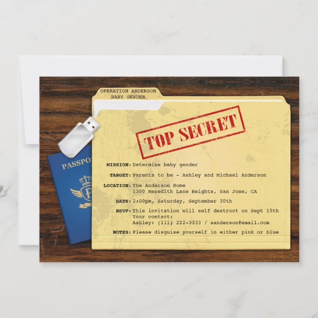 Invitation Top Secret Agent Mission Baby Genre Reveal Party (Devant)
