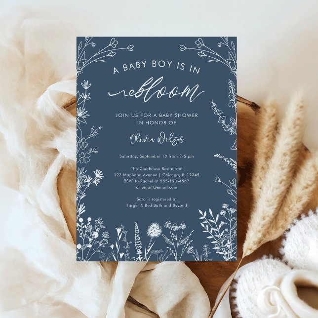 Invitation Topaz Blue Wildflower Baby Boy inBloom Baby Shower (Topaz Blue Wildflower Line Art 'A Baby Boy is in Bloom' Baby Shower Invitation)