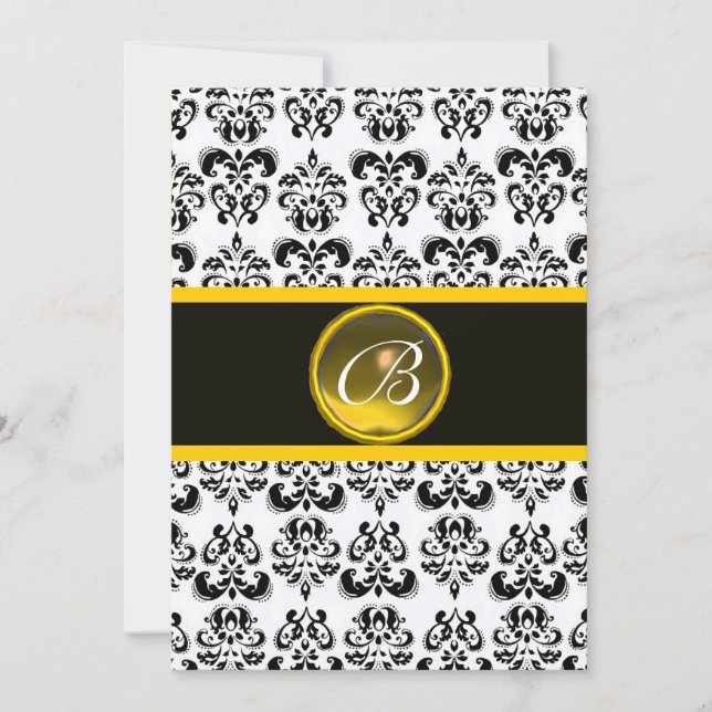 Invitation TOPAZE JAUNE DAMAS MONOGRAMME, noir et blanc (Devant)
